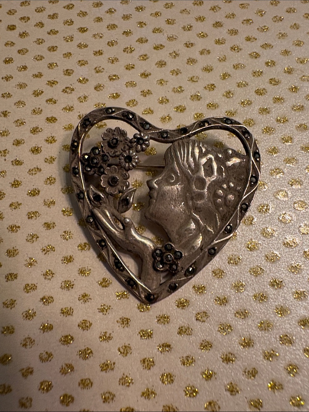 Vintage-Inspired Silver Heart Brooch with Floral Motif 925 Silver Makers Mark ND
